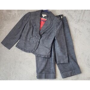 Ann Taylor Loft Petites Pant Suit Womens Size 00P Gray Ruffle Blazer Cropped